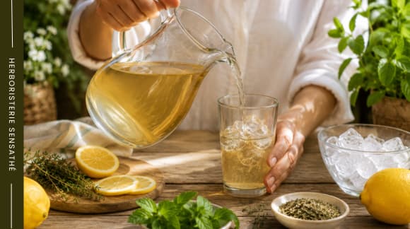 Une femme se servant une infusion de thym-citron pour apaiser la gorge - Herboristerie Sensathé